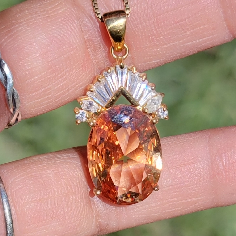 Gorgeous large oval citrine with baugette, pear, and round CZ 10K gold box chain